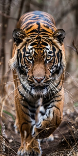 A fierce tiger is walking in the forest