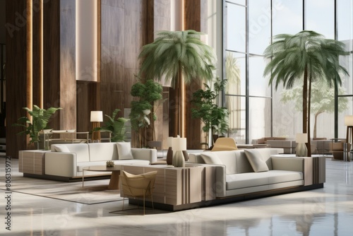 Modern hotel lobby interior with white sofas and green plants