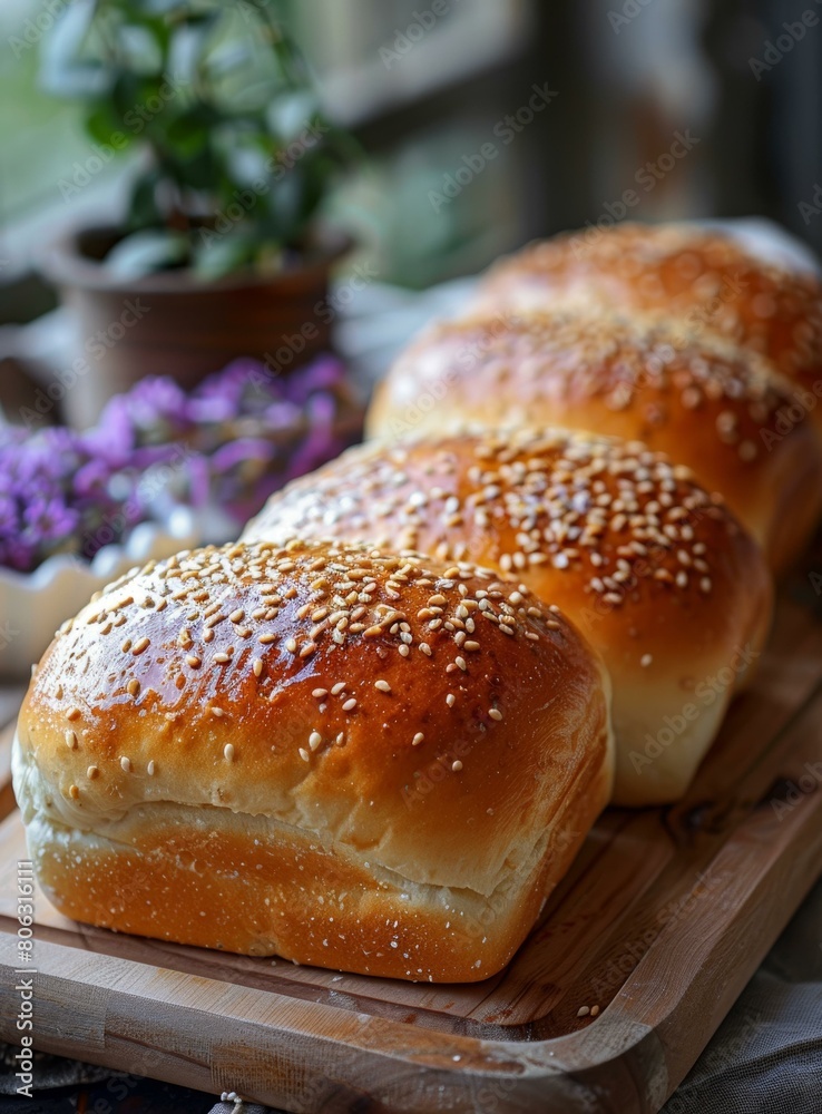 Loaf of bread with sesame seeds on a wooden board