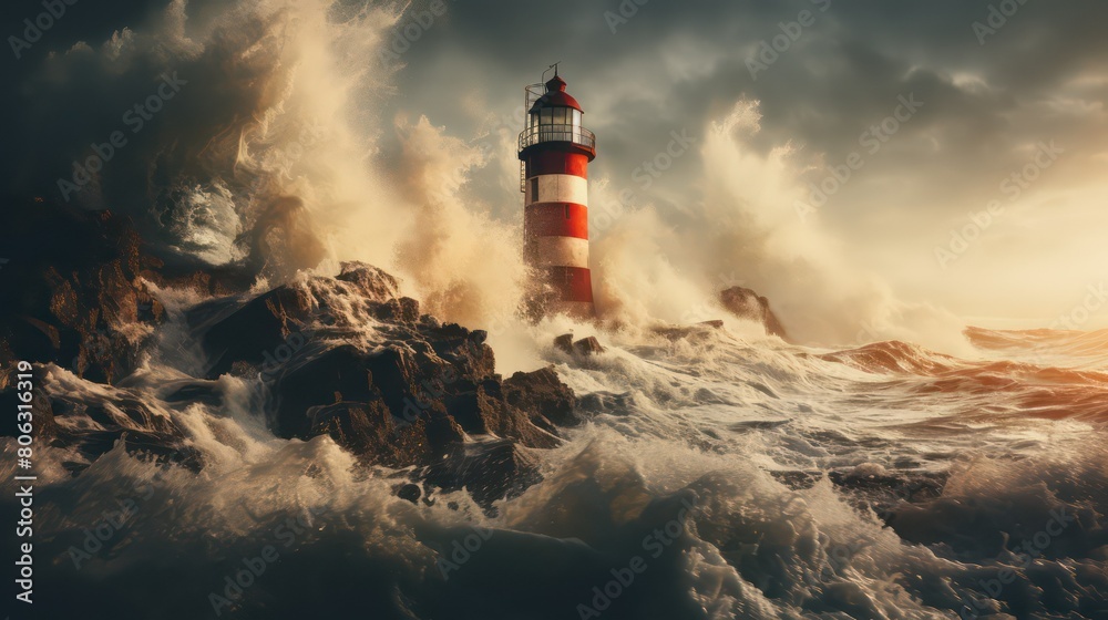 Lighthouse on stormy sea at evening