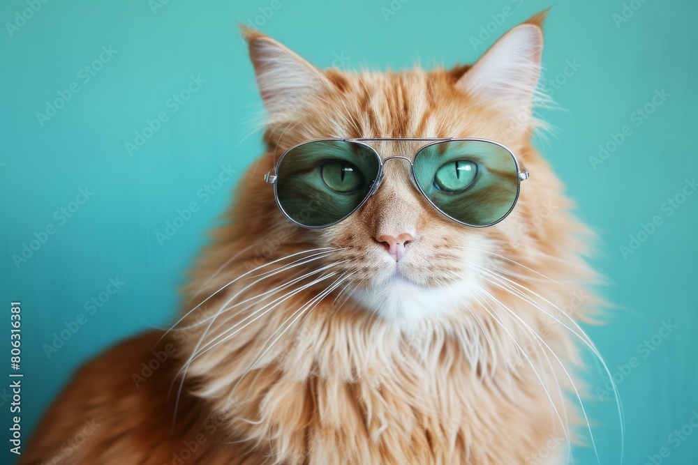 A ginger cat wearing aviator sunglasses