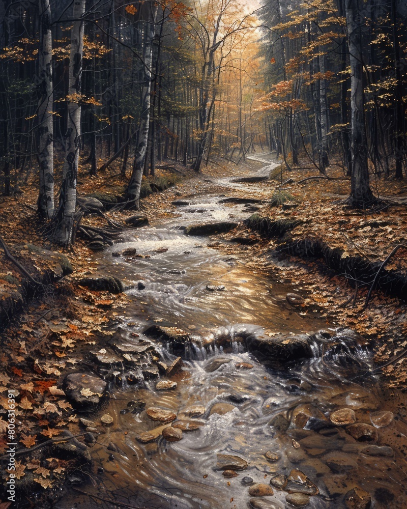 A beautiful landscape painting of a forest stream in the fall A beautiful landscape painting of a forest stream in the fall