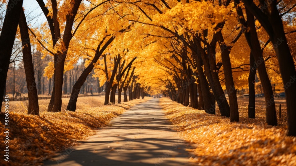 Fototapeta premium An Autumn Avenue of Trees With Yellow Leaves