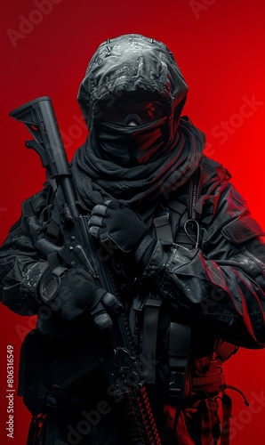 Special forces soldier in black uniform and mask holding a gun