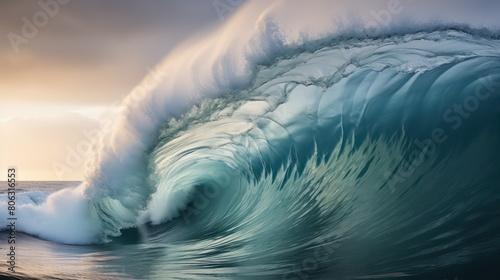 Surfing ocean wave at sunset. Blue ocean wave with white foam