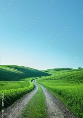 Scenic view of a rural road through green rolling farm fields on a bright sunny day