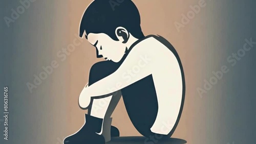 The animation showcases a forlorn boy, his somber demeanor reflecting his inner sadness, presented in a continuous loop photo