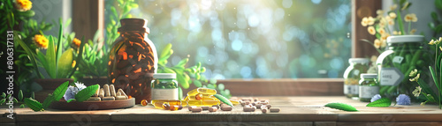 Natural remedies display on a wooden table, with an array of herbal supplements and plant-based products, under soft natural lighting3D vector illustrations photo