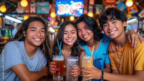 Stylish asian millennials toasting in night bar, celebrating with drinks in festive setting