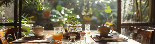 Serene breakfast setting in a sunlit room overlooking a garden, with organic food and herbal tea, epitomizing peaceful livingRealistic photography photo
