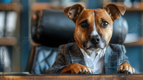 Dog in suit works in office humorously blending into corporate environment. Concept Office Dog, Corporate Comedy, Canine in Suit, Work Humor, Pet at Work photo