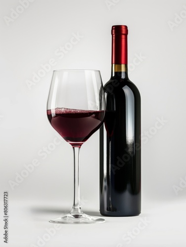 A bottle without label of red wine and a wine glass are shown side by side