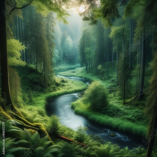 A serene forest scene with lush green trees and a winding river cutting through the landscape.