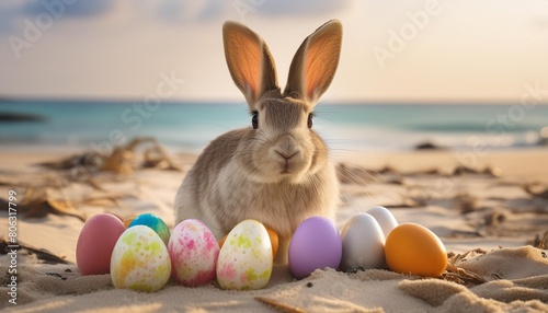 easter vacation concept cute bunny and colorful eggs on a tropical sandy beach © Toby