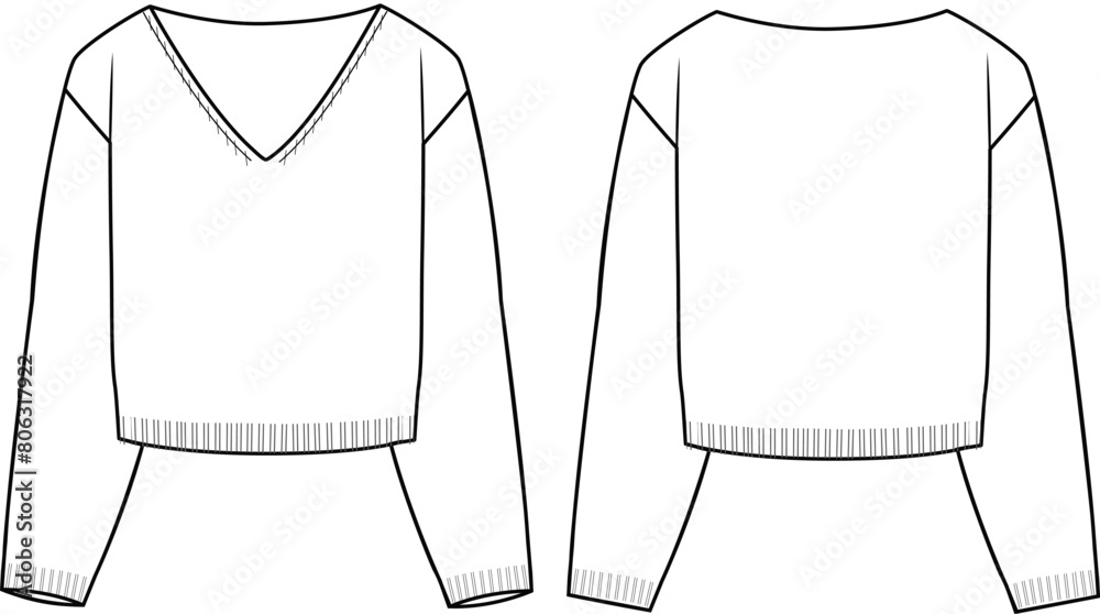 Women's V-Neck Basic Sweater. Technical fashion illustration. Front and back, white color. Women's CAD mock-up. Women's V-Neck Basic Sweater. Technical fashion illustration. Front and back, white color. Women's CAD mock-up.