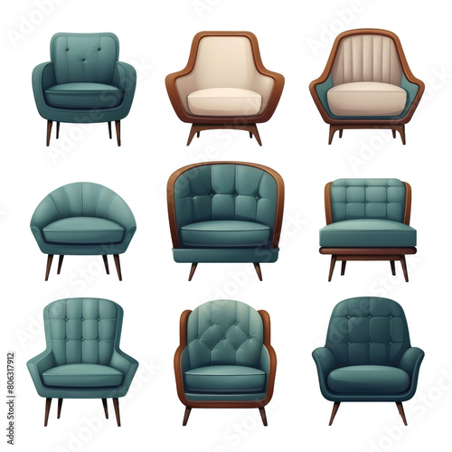 Set of retro vantage armchairs cutouts single seat sofas isolated on a transparent background photo