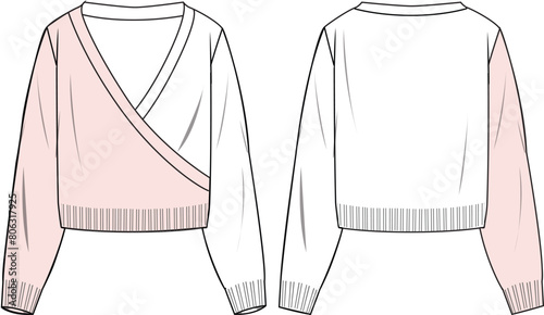 Women's Cropped, Wrap, Color Blocking Knit Jumper- Technical fashion illustration. Front and back, white and pink color. Women's CAD mock-up.
