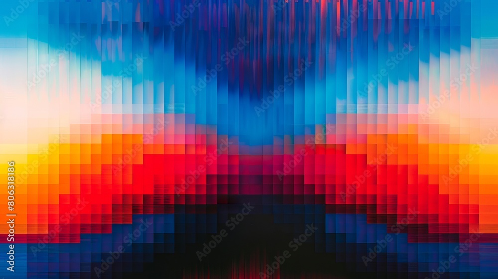 A colorful abstract painting with a blue, red and orange background.