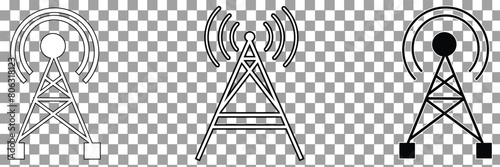 Antenna line icon set. Radio antenna black linear vector isolated on transparent background. Radio tower. Communication towers outline collection. Transmitter receiver wireless signal. eps10.