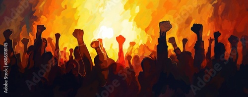 Crowd of protesters with raised fists, symbolizing freedom or revolution. The background is filled with warm colors like orange, yellow, red, creating a contrast between lightness and darkness. 