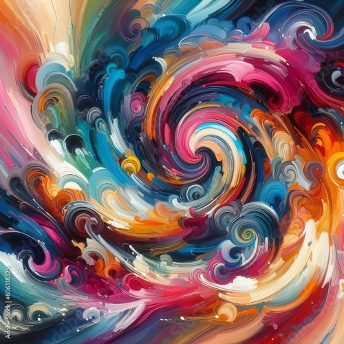 An abstract painting with bold strokes of vibrant colors swirling together on a canvas