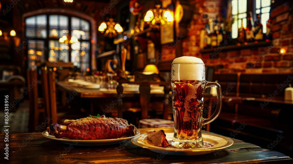 One glass of beer with baked pork knuckle on wooden table in old German beer bar, against blurred background of cozy atmosphere of popular drinking establishment. Classic ruddy meat dish. Close-up.