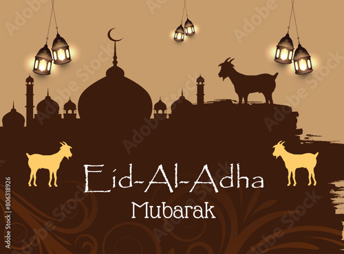 Eid al Adha Arabian word calligraphy with Goat, crescent moon and mosque.