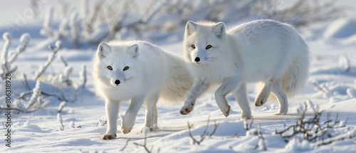 Elegant arctic foxes moving gracefully in a winter wonderland, surrounded by glistening snow.