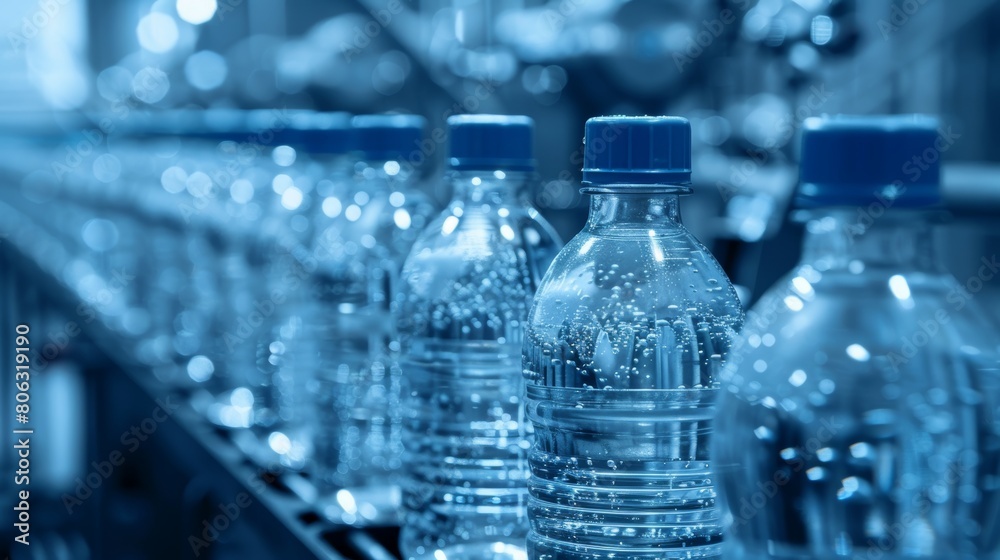 Bottling process of beverages in plastic bottles on clean and efficient factory production line Bottling process of beverages in plastic bottles on clean and efficient factory production line