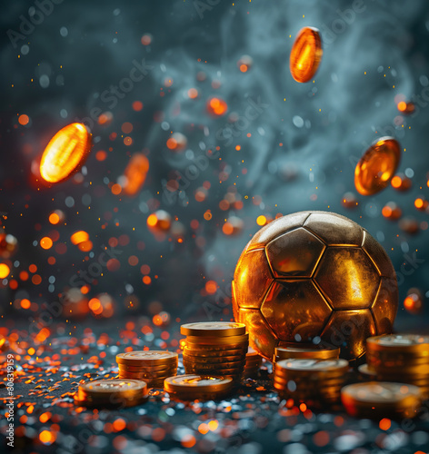 golden soccer ball on with con stack in soccer stadium. ready for win in online casino - game in the midfield. © Igor