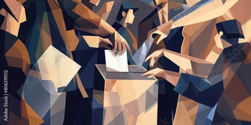 Illustration of people standing around the ballot box and casting their votes, only their hands being shown, in style of geometric art, in tones of dark indigo and light caramel photo