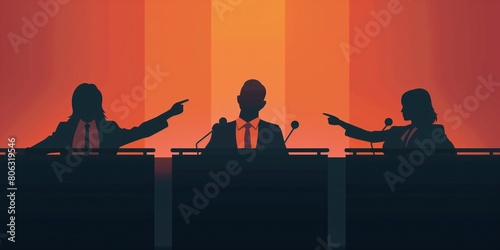 Blame and argument concept illustration, three politicians on the stage, two of them pointing fingers at the one sitting in the middle.