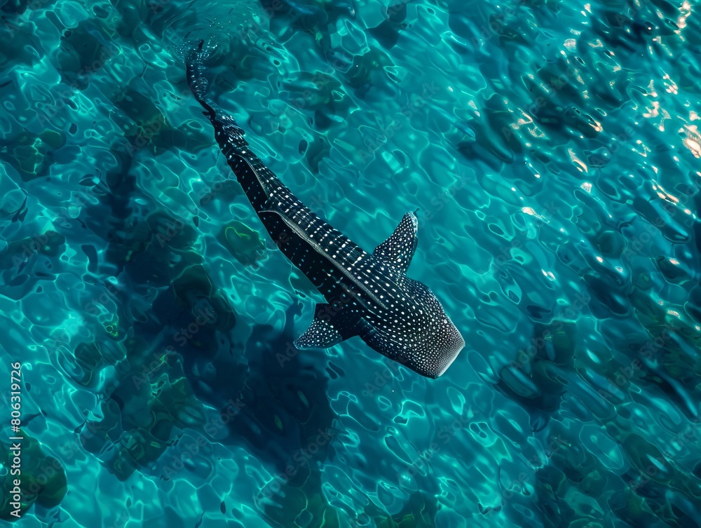 Fototapeta premium A whale shark swimming in clear water.