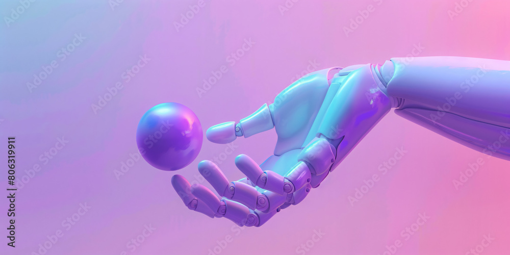 Obraz premium a robot hand is touching a ball against a gradient background