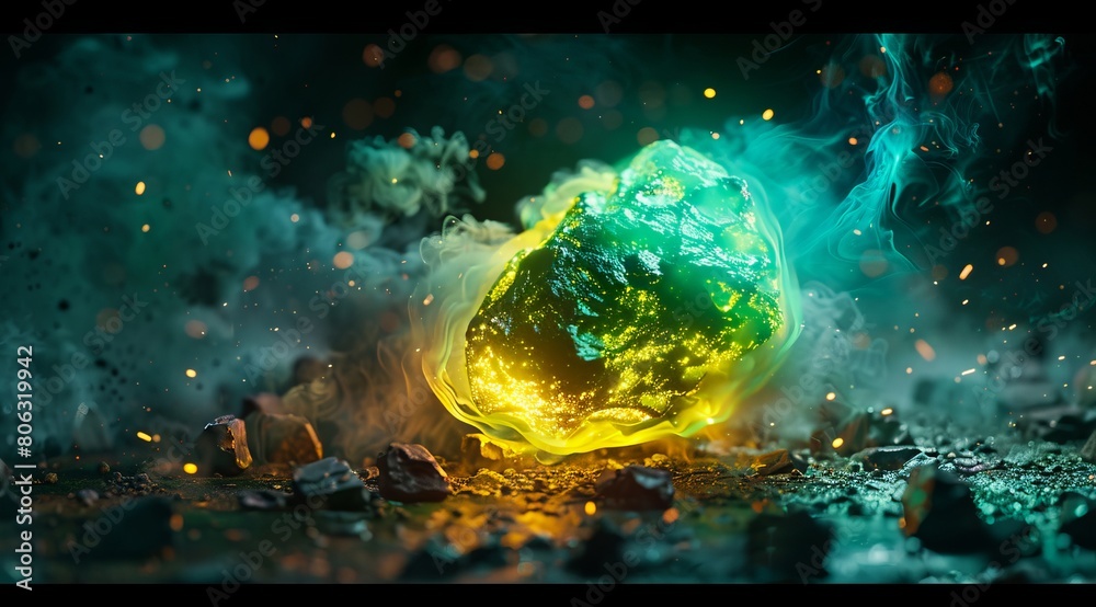 A green glowing rock in the middle of a dark background. A green glowing rock in the middle of a dark background.