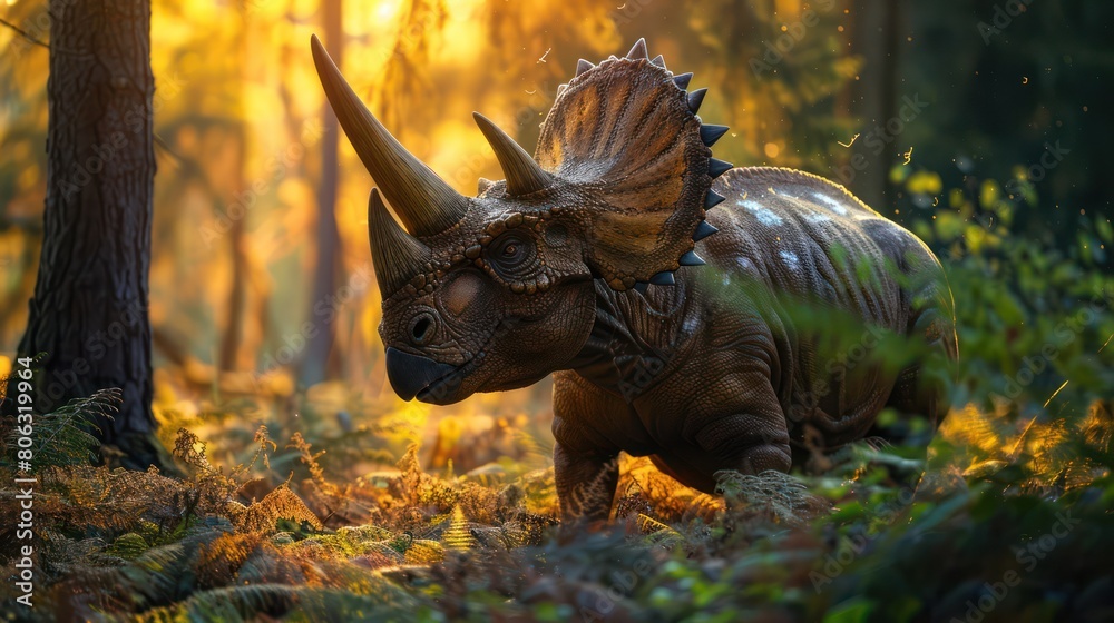 Fototapeta premium a mighty Triceratops surrounded by a mystical forest with sun rays filtering through