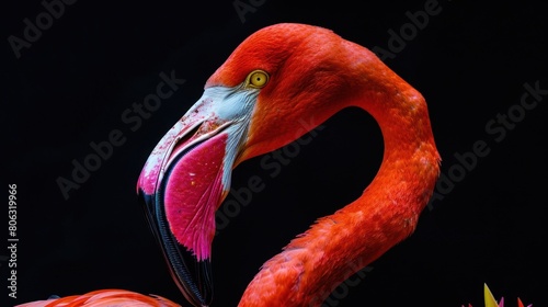 Close-Up of pink Flamingo on Black Background