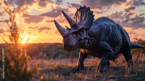 Noble Triceratops captured on a hilltop bathed in the golden hour s soothing light