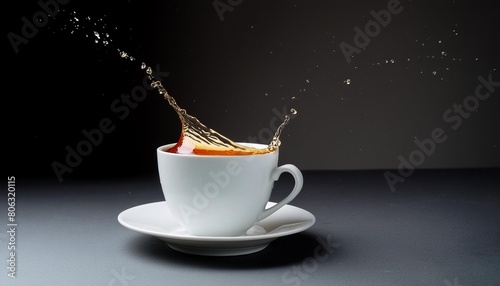 splash of tea in the falling cup isolated
