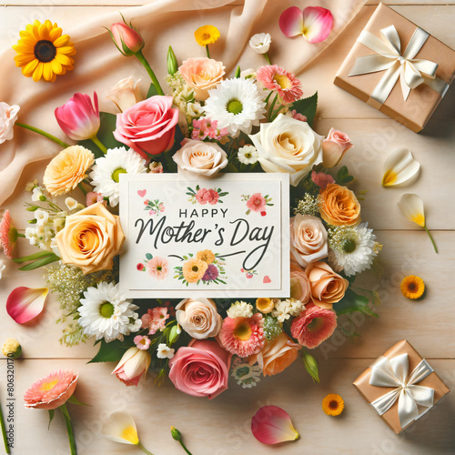 A top view of a beautiful Mother's Day arrangement, featuring a variety of vibrant flowers like roses, tulips, and daisies, artfully placed around a card