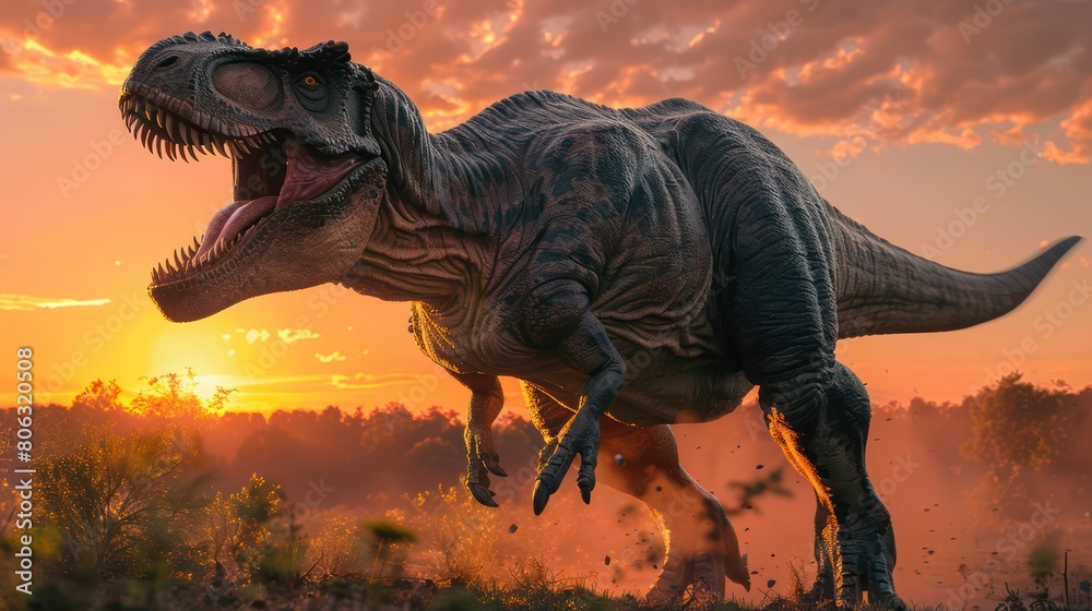 A Tyrannosaurus rex roars with ferocity against a dramatic sunrise backdrop in a wild landscape A Tyrannosaurus rex roars with ferocity against a dramatic sunrise backdrop in a wild landscape