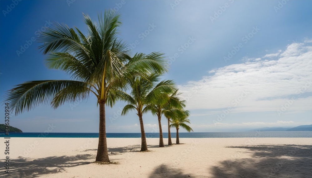 a line of palm trees framing white sand against the background of a sparkling ocean creates a pi