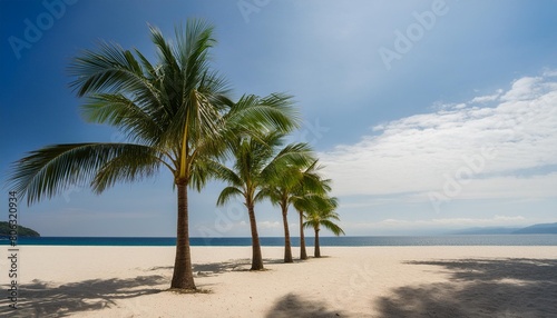 a line of palm trees framing white sand against the background of a sparkling ocean creates a pi