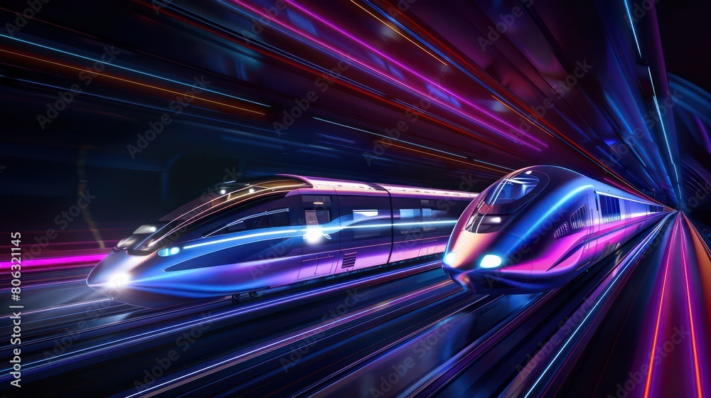 A dynamic representation of a futuristic high-speed train surging through a colorful, illuminated tunnel with motion blur A dynamic representation of a futuristic high-speed train surging through a colorful, illuminated tunnel with motion blur