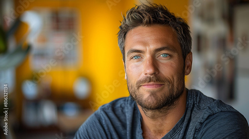 Professional studio photo portrait of a attractive handsome man, beautiful guy with beard, a person, with a pronounced emotional expression, widescreen 16:9