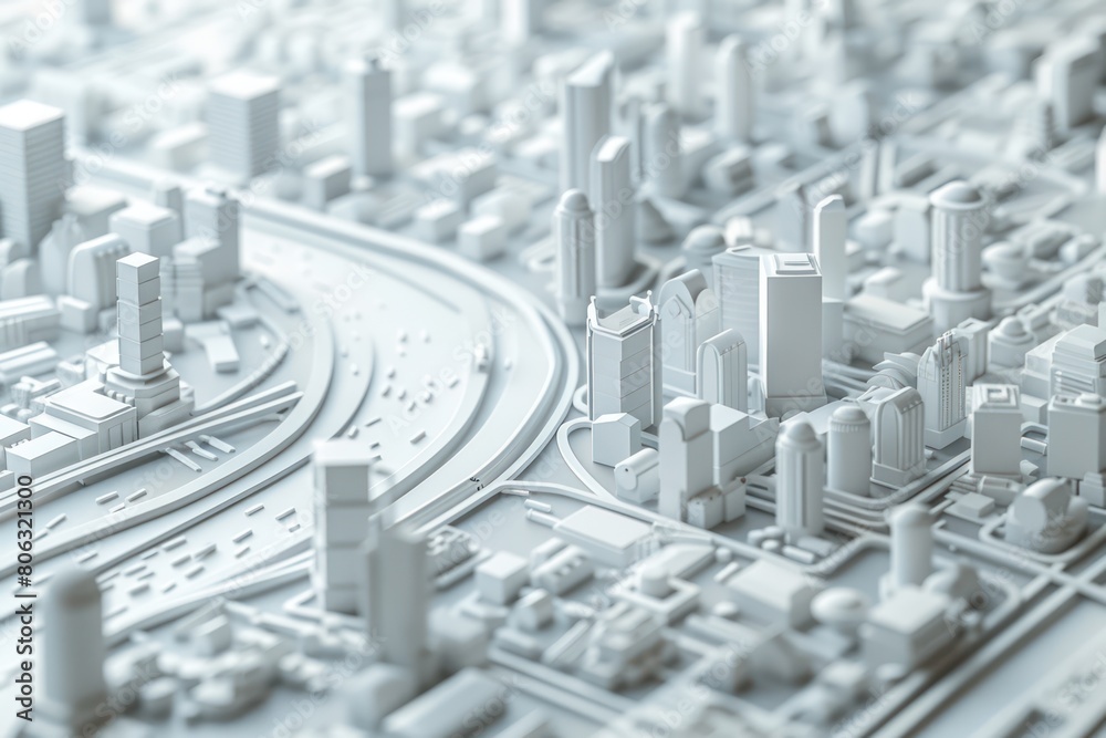 3D rendering of a white Map scene with City roads and Buildings 3D rendering of a white Map scene with City roads and Buildings