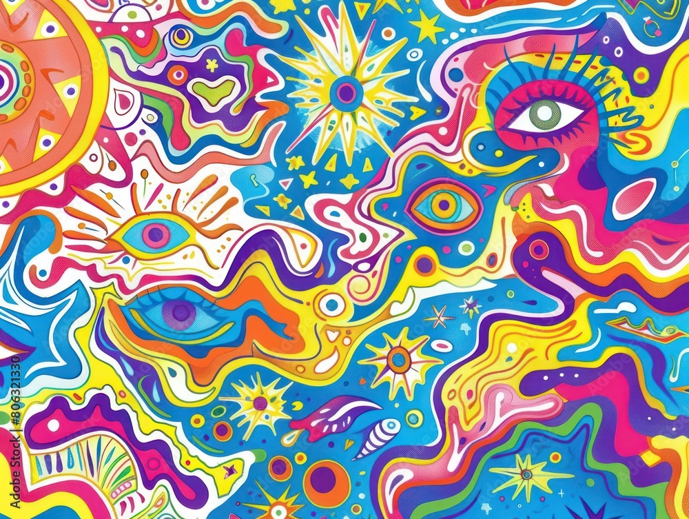 An explosion of psychedelic patterns and vibrant colors with abstract shapes and symbols representing creativity and free spirit An explosion of psychedelic patterns and vibrant colors with abstract shapes and symbols representing creativity and free spirit
