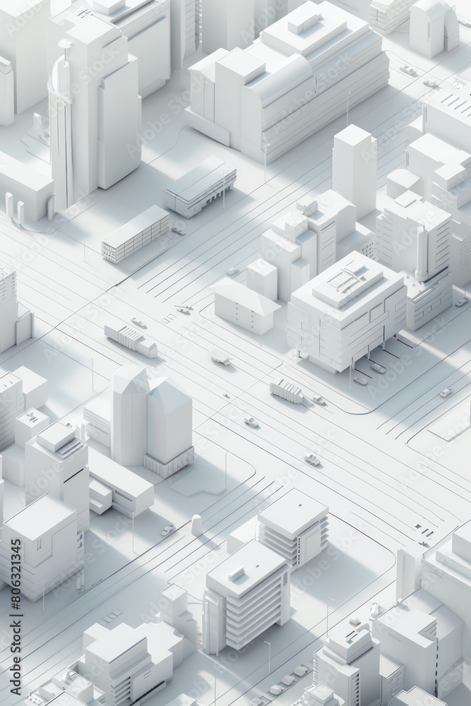 3D rendering of a white Map scene with City roads and Buildings 3D rendering of a white Map scene with City roads and Buildings