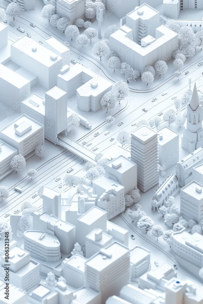 3D rendering of a white Map scene with City roads and Buildings