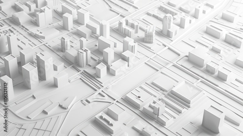 3D rendering of a white Map scene with City roads and Buildings